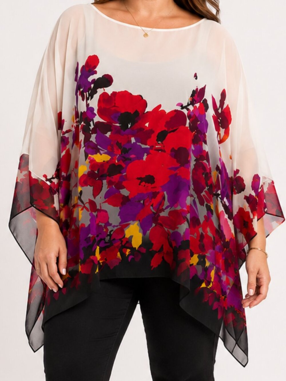 EILEEN FISHER Floral Chiffon Sheer Poncho Blouse XL